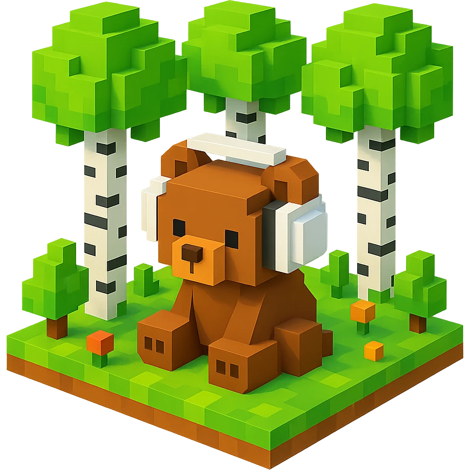 березовый лес, в котором сидит бурый медвежонок в белых наушниках (наушники должны закрывать уши медведя), no background  emoji