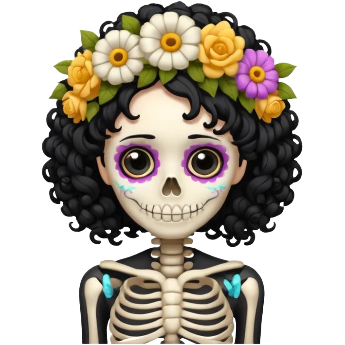 Skeleton with Flower Crown, curley hair black, with flower bouquet emoji