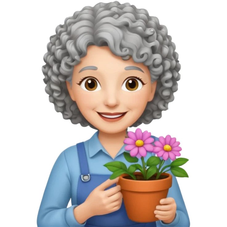 Older female florist – curly hair, hold flower pot emoji