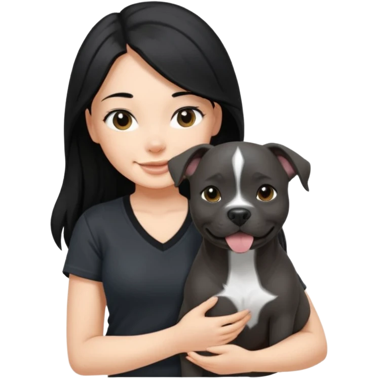 girl with long black hair wearing a black v neck t shirt holding smiling grey Staffordshire bull terrier  emoji