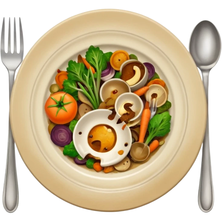 dirty plate from food scraps and vegetable leftovers, small fork and spoon resting on the plate emoji