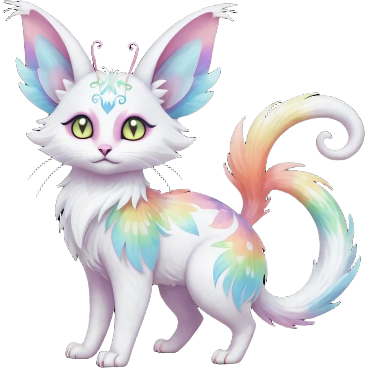 Pure-snow-White albino iridescent with pastel rainbow-gradients-color-markings with swirly patterns butterflies  faerie-Noivern-Noibat-Purloin-Torracat-Lykoi-Caracal-cat-Fakemon-fusion-hybrid-creature emoji