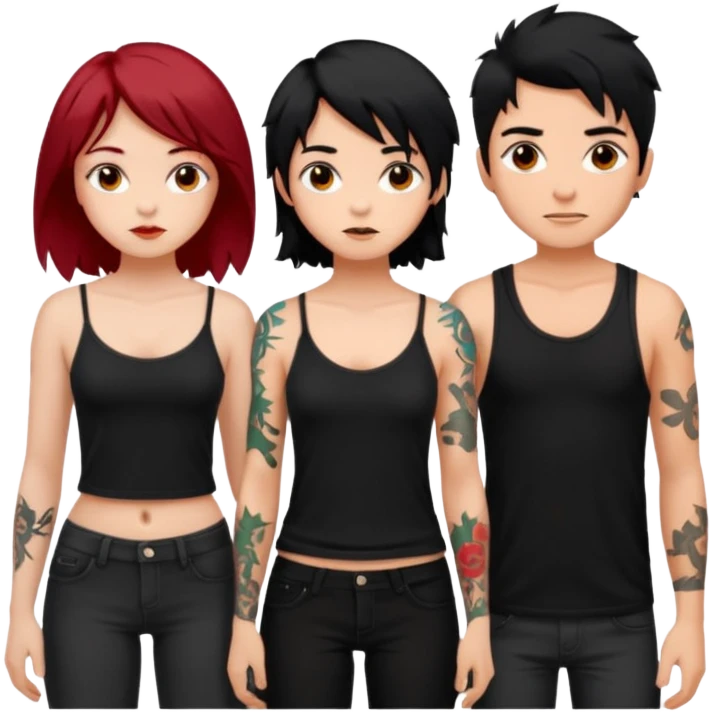 generate a fair boy with messy black hair, tattoos. standing beside a fair black haired girl wearing a black cami top and a tan girl with red hair emoji