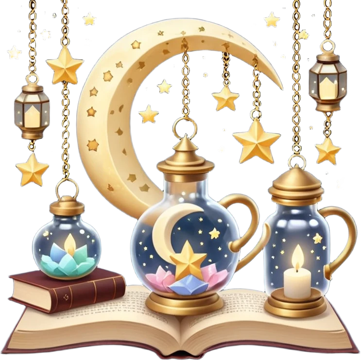  crescent moons, stars with ribbons, tiny clouds, crystal bottles, cozy mugs, mini lanterns, and floating books. Smooth textures, soft magical lighting, realistic shadows, very detailed, high-resolution, dreamy and enchanting aesthetic, super cute and charming." emoji