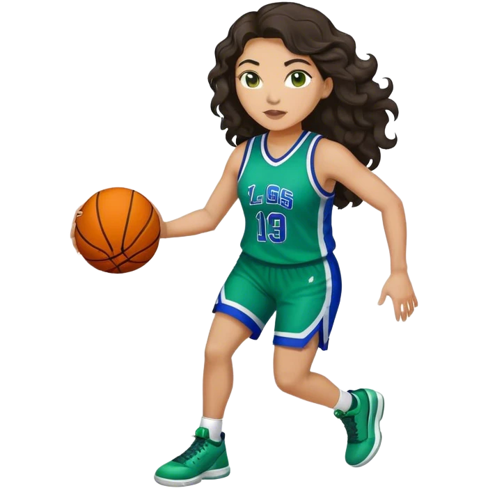 full figure plus size light latino women basketball player with wavy dark hair wearing blue and green uniform emoji