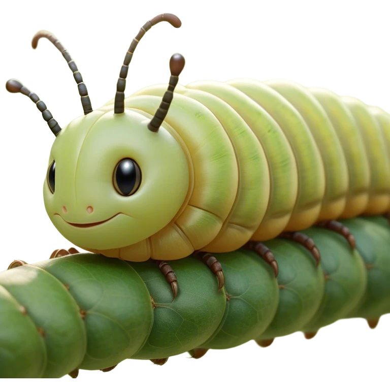Beautiful and Majestic Caterpillar Portrait Emoji, Head and body rendered in serene repose with a gentle, content smile, showcasing a delicately segmented form with softly textured hues and eyes peacefully closed in tranquil slumber, Simplified yet exquisitely endearing features, highly detailed, glowing with a soft, drowsy natural light, high shine, relaxed and utterly noble, stylized with an air of graceful metamorphosis, soft glowing outline, capturing the essence of a beautiful and majestic caterpillar that embodies the quiet promise of transformation! emoji