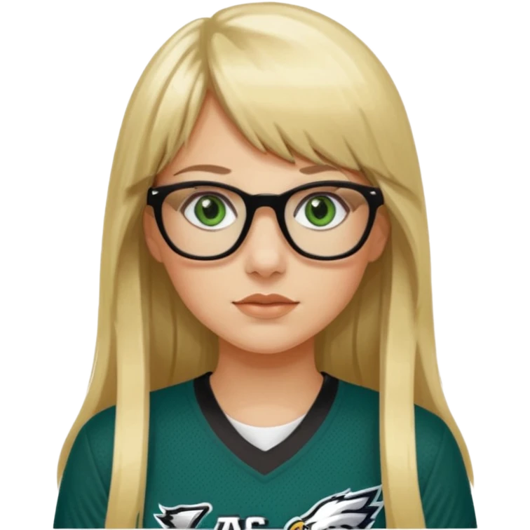 long blonde hair with bangs black glasses female green eyes football player wearing eagles jersey number 33 emoji