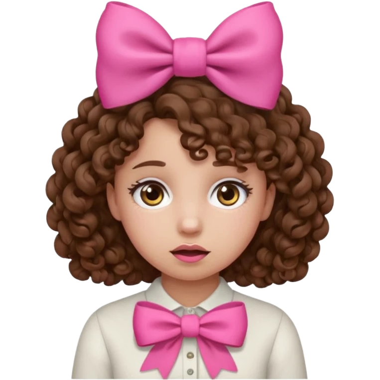 Curly hair girl, Pleading Face emoji, using pink bow emoji