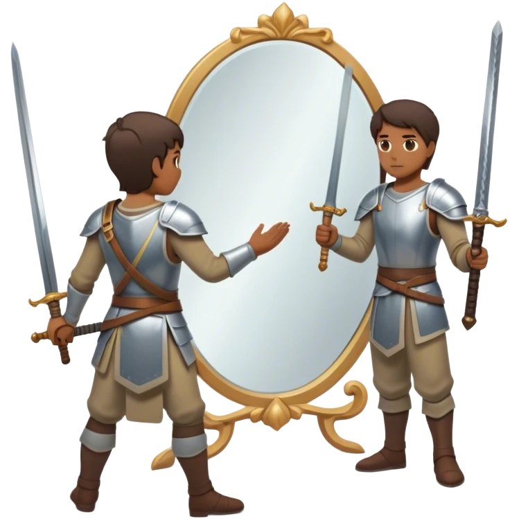 A person standing in front of a mirror, looking at their own reflection, while a sword on the ground beside them. The mirror represents self-awareness and acceptance emoji