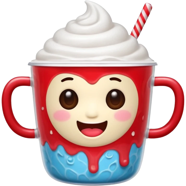 expressive LINE emoji of cute shaved ice character in a see-through MEGA COFFEE cup, red beans and milk drizzle, round eyes, chubby cheeks, joyful expression emoji