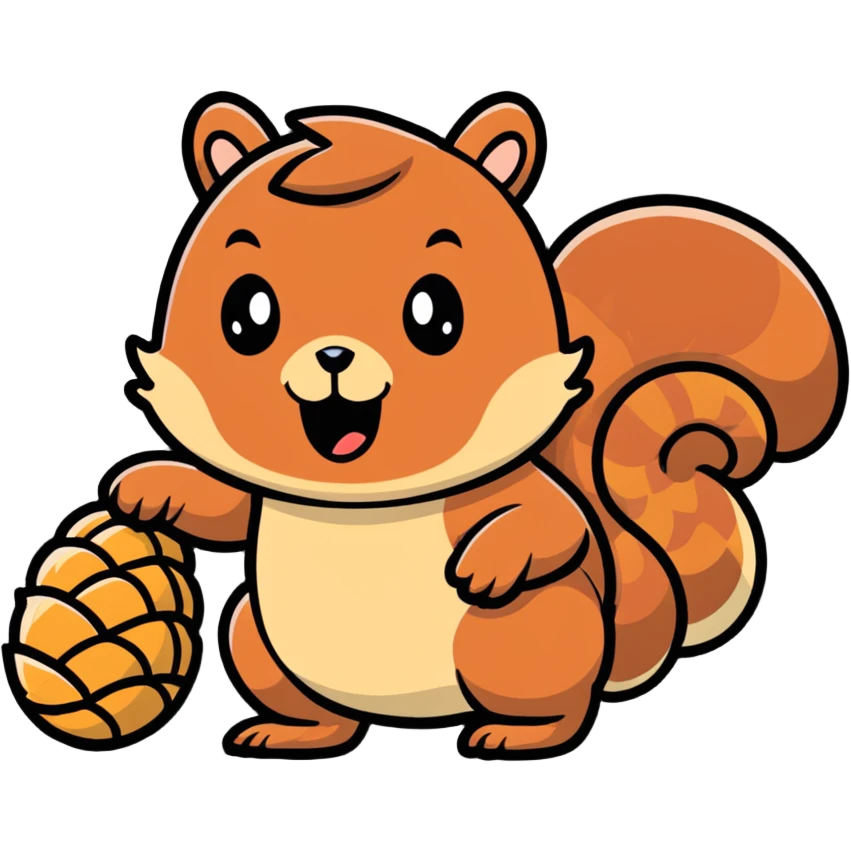 Greedy little squirrel with a large pine cone balanced on top of its head, with an unsettling strange expression, looking hungry emoji