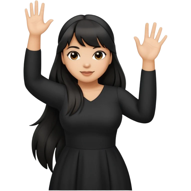 Latina girl with bangs black long hair in pony tail plus size black dress waving hand emoji