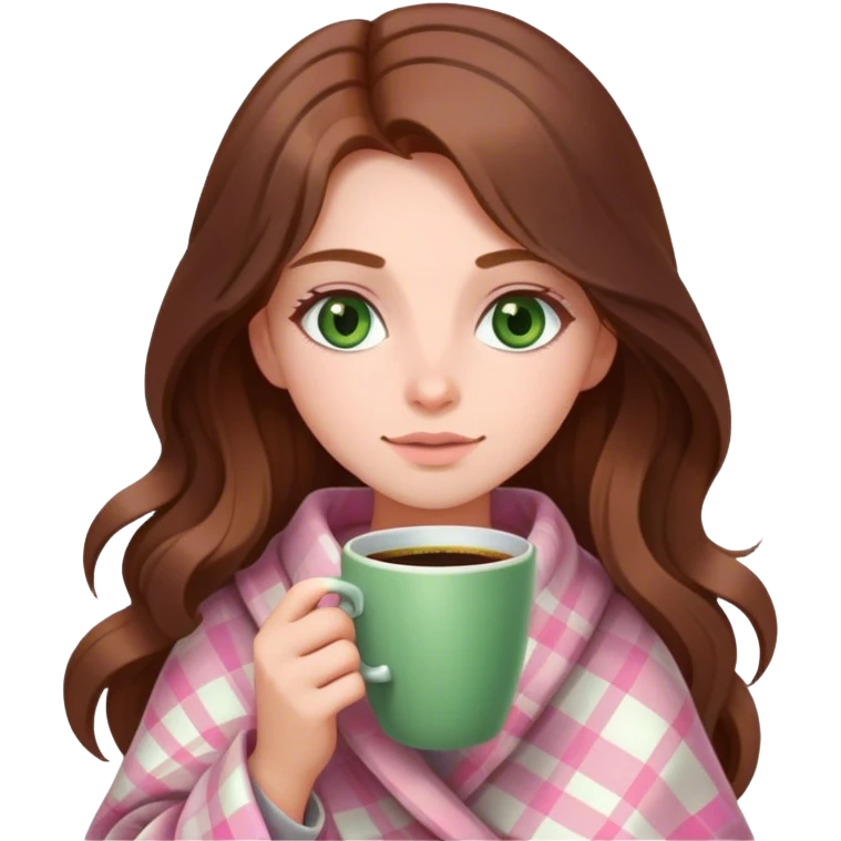 a girl with long brown hair and green eyes wrapped in a soft pink plaid with coffee in her hands emoji