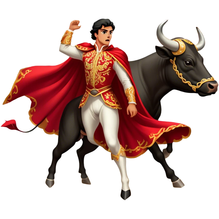 ​Cinematic Realistic Spanish Matador in Action, depicted in an ornate traje de luces with a flowing red cape, captured in the dramatic moment of confronting a charging bull in a traditional bullring, rendered with dynamic motion and dramatic lighting that encapsulates the intensity and artistry of the spectacle, emoji