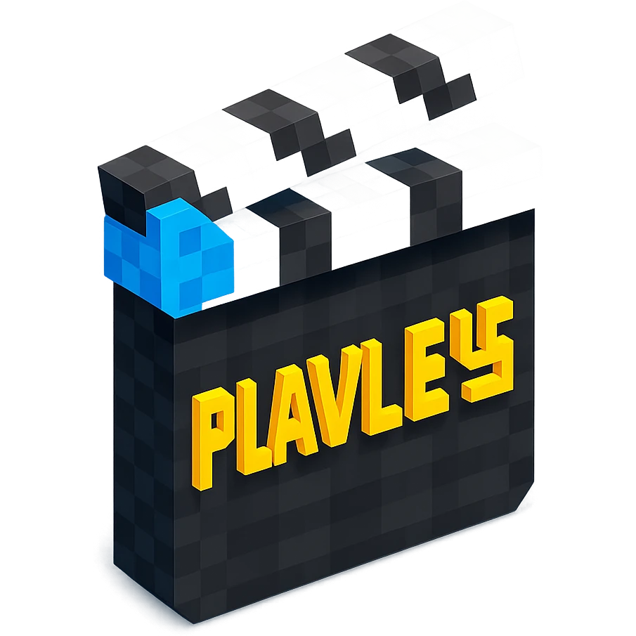voxel style movie clapperboard with the text 'PLAVLEYS', black body, white lid, isometric view emoji