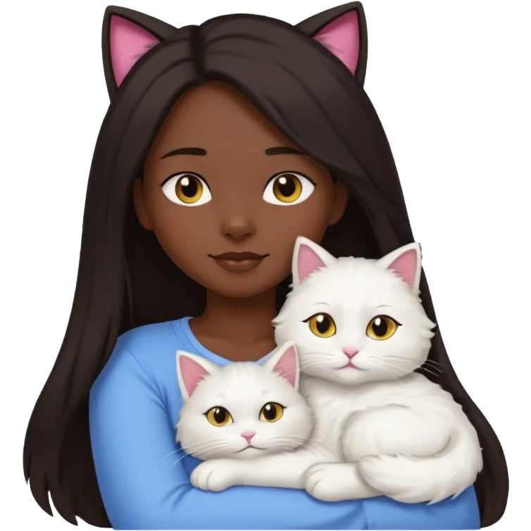 a girl with long dark hair and a white fluffy cat lying on her left shoulder and neck, emoji style, suitable for Discord and Slack sharing emoji