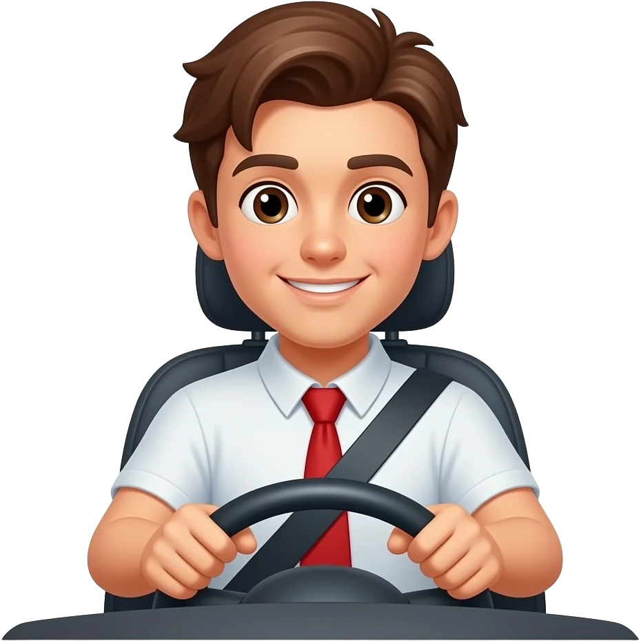 Learning to drive, brown hair, wearing t-shirt, no tie emoji