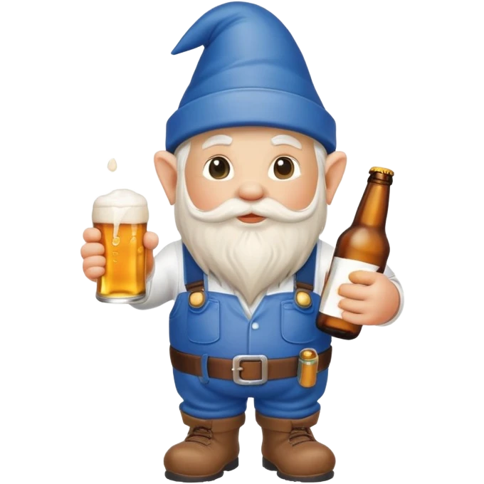 Garden gnome wearing plumber clothes holding a bottle of beer emoji