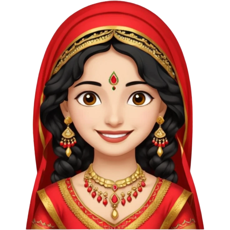 a pretty bratz fair indian girl wearing a red indian wedding outfit with dupatta on head,  golden jewellery, black wavy hair emoji