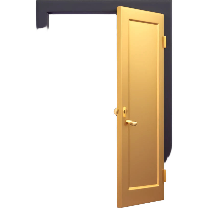 3D emoji style, pitch black room with a golden door ajar. A powerful, focused white light shaft and intense glow blast through the opening. High contrast lighting. No background. emoji