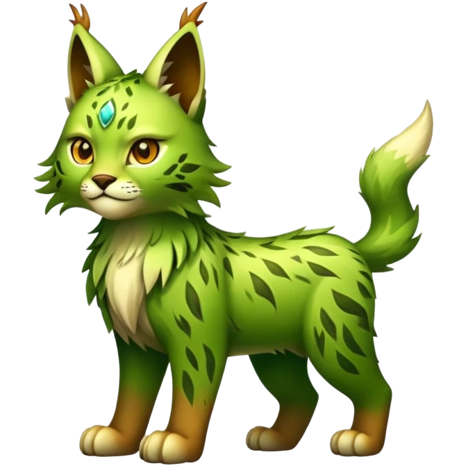 Mossy, brown-green-gradients elemental epic shiny Grass-type Lynx-Fakémon-creature. full body emoji