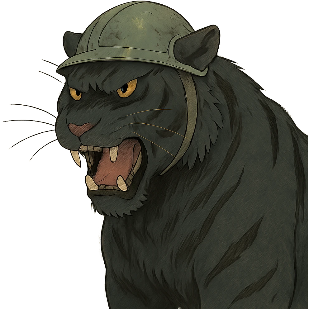 ghibli style illustration of a big black tiger, angry, wearing a helmet emoji