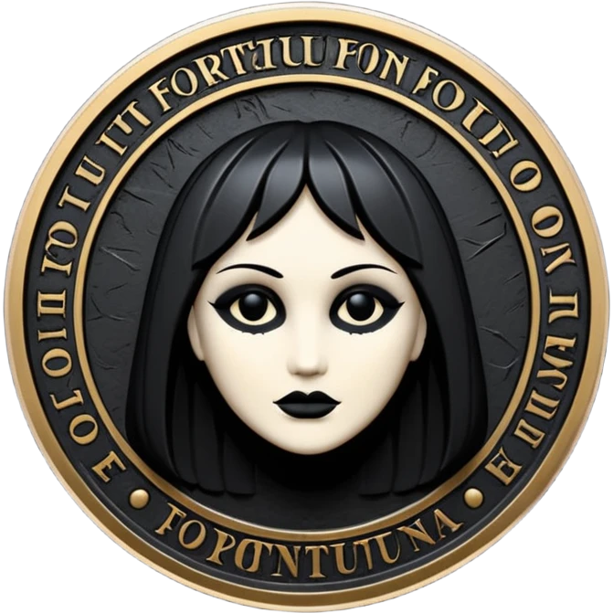 Emoji style, luxury gothic coin made of blackened metal, “FORTUNA” engraved in refined fashion typography, heavy sculptural form, subtle worn metal texture, avant-garde editorial aesthetic, no glow, no neon, flat emoji design, centered, transparent background emoji