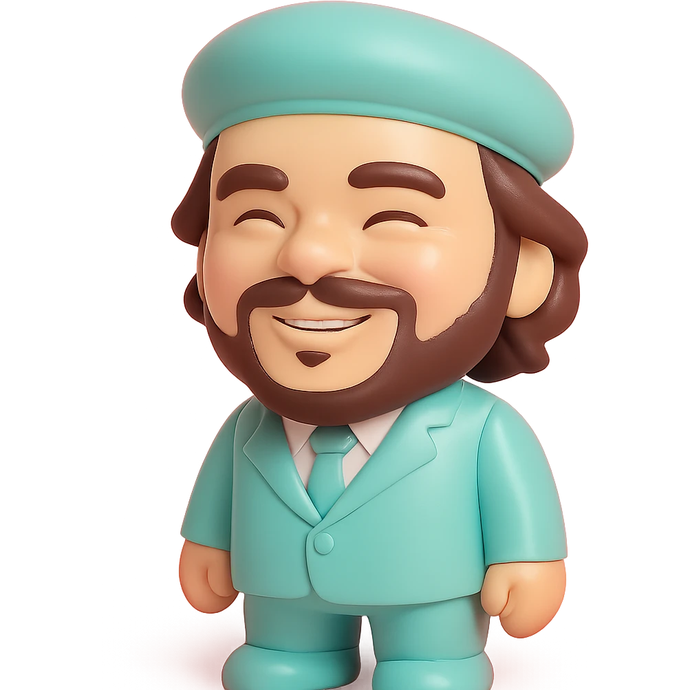 statuette of Che Guevara in a suit and tie, big head, confident smile emoji