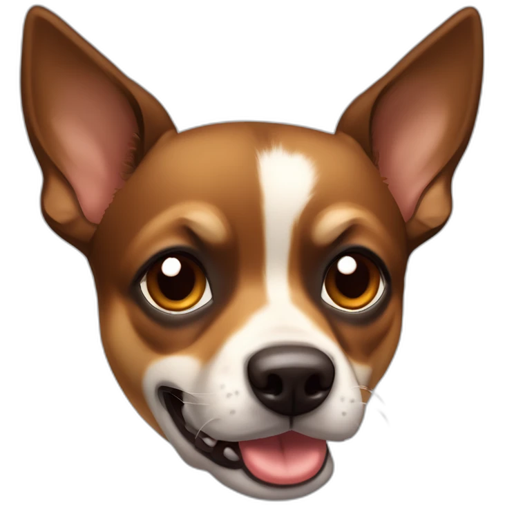 black brown mutt dog with small german shephard head but larger chihuahua eyes and large overbite with left upper sharp canine tooth a bit crooked and sticking out mouth emoji
