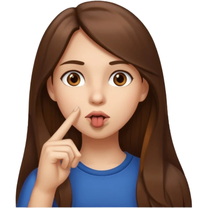 Emoji Fille cheveux long et brun yeux brun avec un doigt dans la bouche que la mains sois plancher vers en bas et que elle regarde comme si elle est coquine  emoji