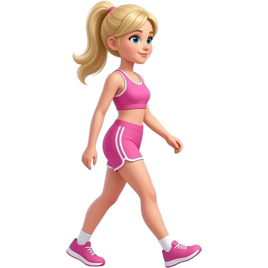Blonde haired girl walking left to right in pink activewear aesthetic soft lighting, simple emoji