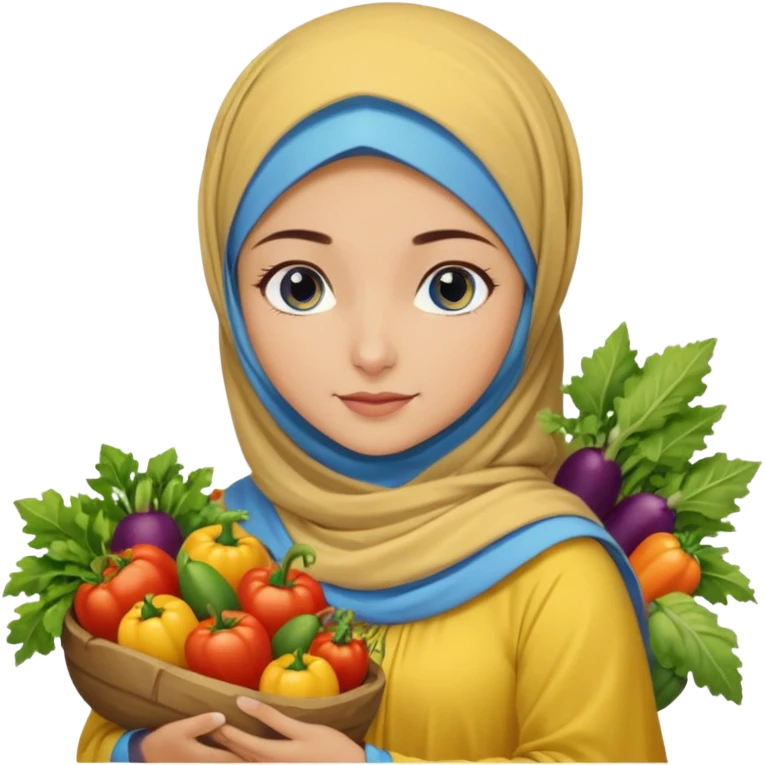 Turkish beautiful finish Konya girl blue eyes with garden design yellow and lila hijabi dress and she had on her hand vegetables  emoji