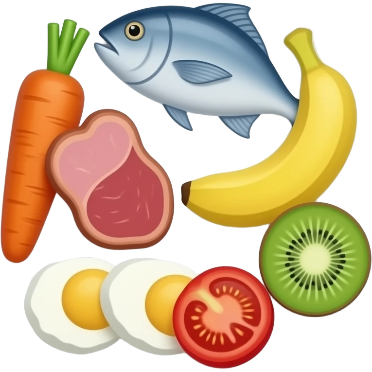 plate with meat fish carrot banana kiwi tomato eggs emoji