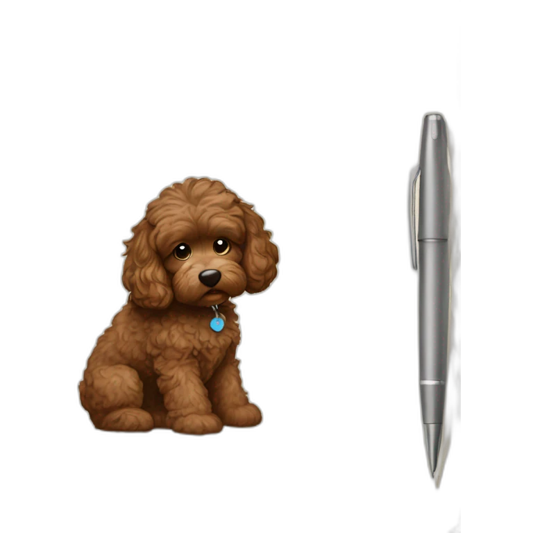 Brown Cockapoo writing with pen in paper notebook emoji