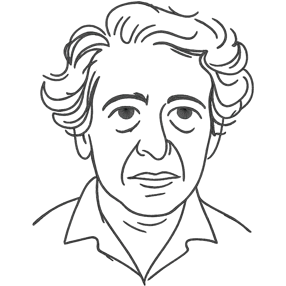 a hand drawn black outline portrait of Hannah Arendt with similar size eyes emoji
