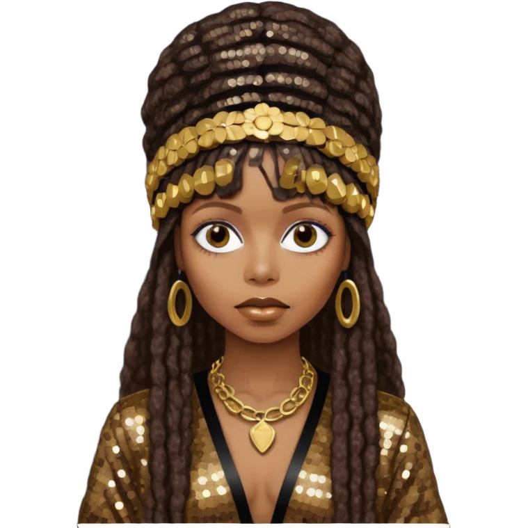 Erykah Badu with dark brown hair, dark brown sequin outfit emoji