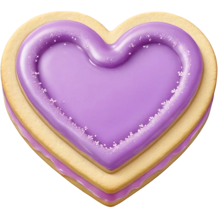 Realistic shortbread cookie in the shape of a heart with pale lilac color jelly middle filling and sprinkled powder sugar on top. emoji