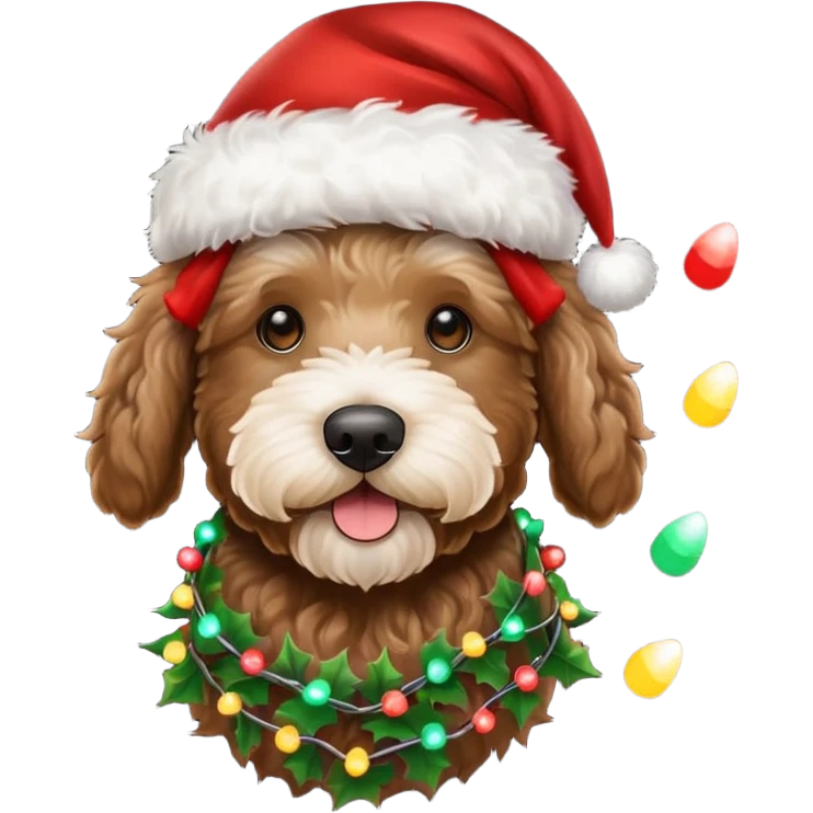 dark brown goldendoodle with a Santa hat and Christmas lights emoji