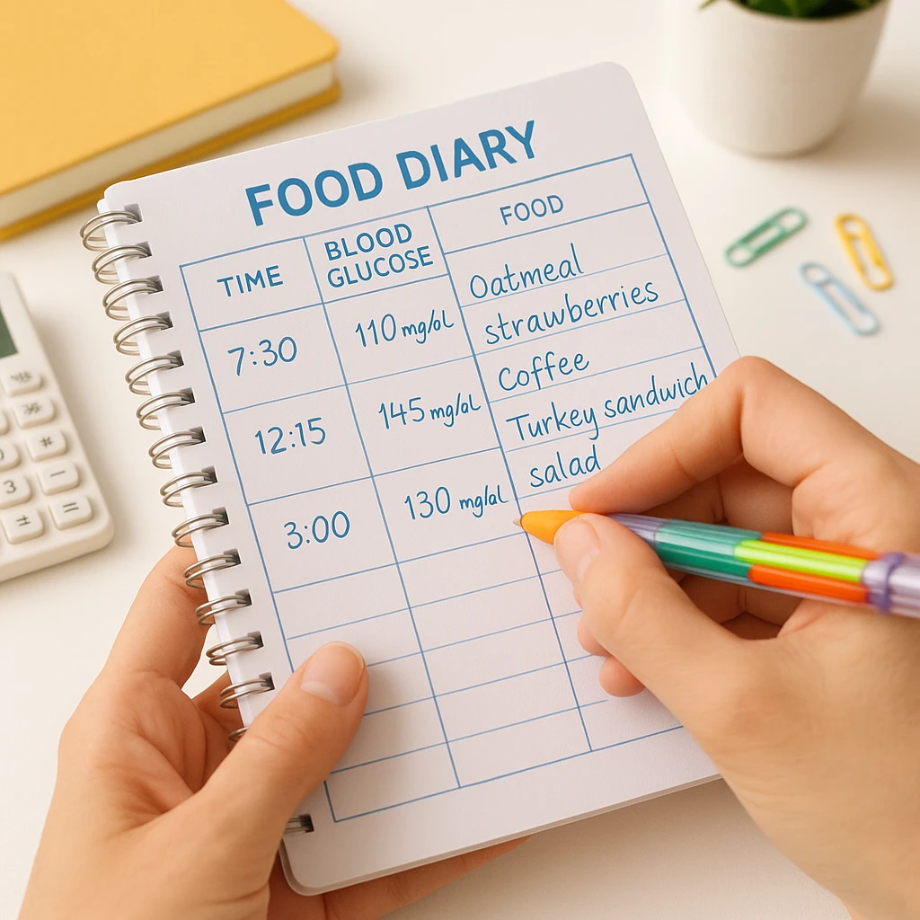 close-up of a female hand holding a food diary with notes on blood glucose and foods, colorful pen, organized atmosphere, realistic details, bright background emoji