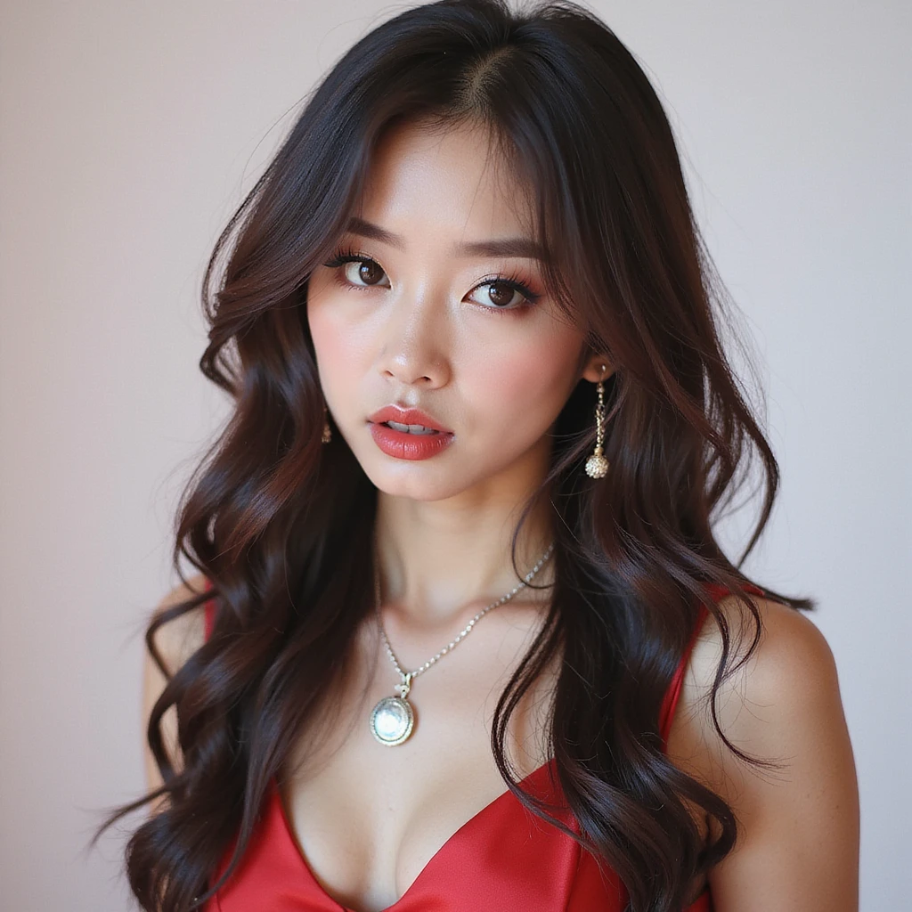 realistic portrait of a K-pop idol inspired by Blackpink, photorealistic style, glamorous makeup, fashionable outfit, energetic expression emoji