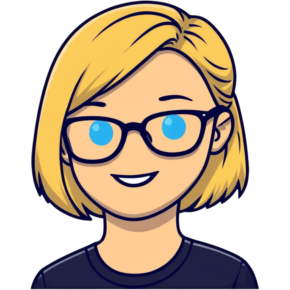 smiling blonde girl portrait blue eyes,  black glasses  emoji