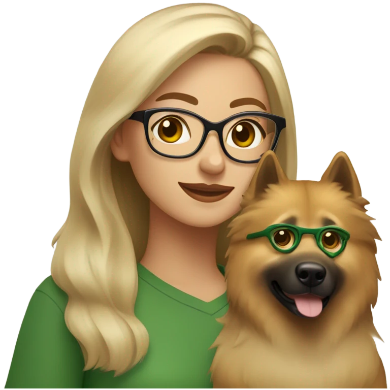 Brown light hair woman aux Green eyes with glasses Green eyes and Light sand  eurasier dog  emoji
