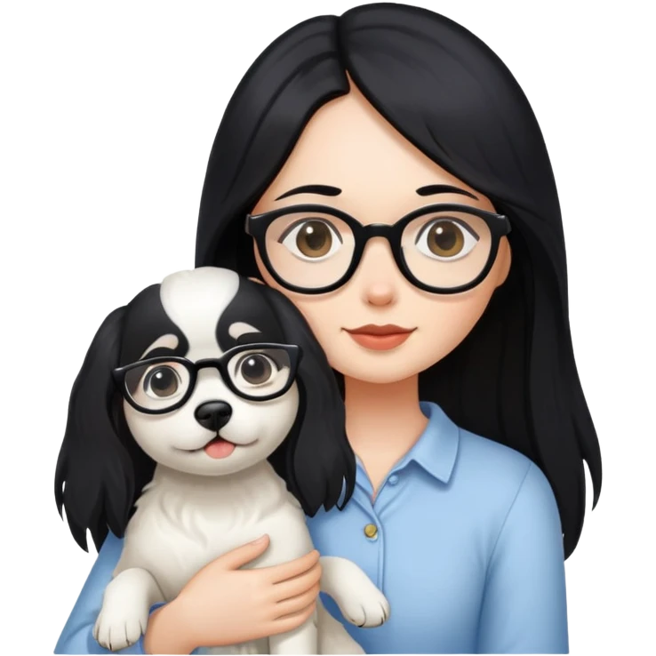 A girl with long black hair and glasses holding a white dog emoji