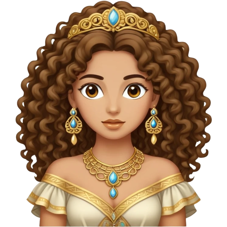 Beautiful Greek woman with very long puffy curly hair, wearing ornate gold jewelry and cute stylish clothes emoji