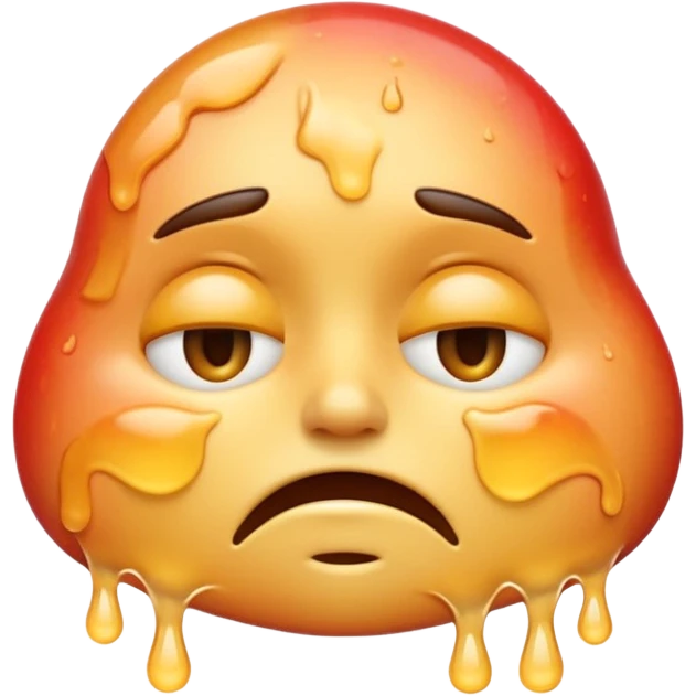 Apple-style emoji illustration of a melted, overheated face with sweat drops, expression annoyed, half-closed exhausted eyes, soft 3D emoji style, smooth gradients, rounded shapes, simple expression, centered composition. emoji