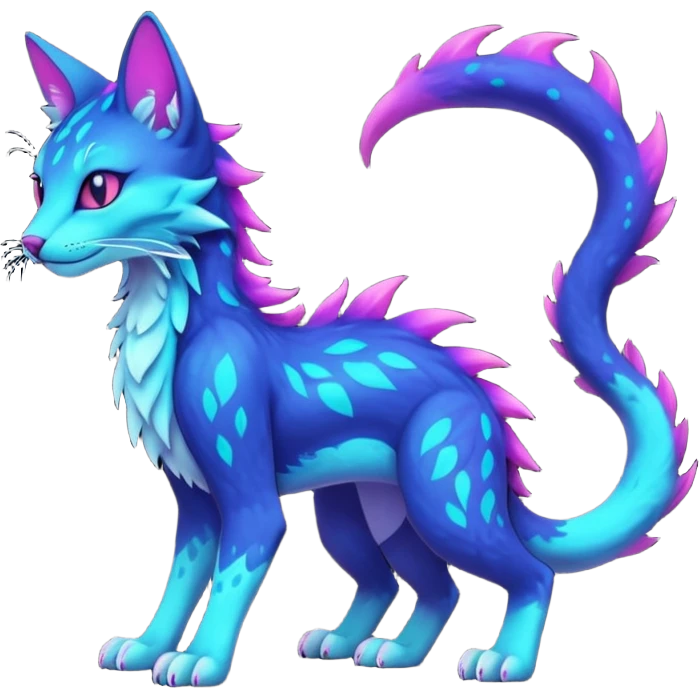 Kawaii dark edgy colorful vibrant neon glowing fantasy feline-vernid-sergal-fursona animal creature with a tufted tail full body with intricate markings  emoji
