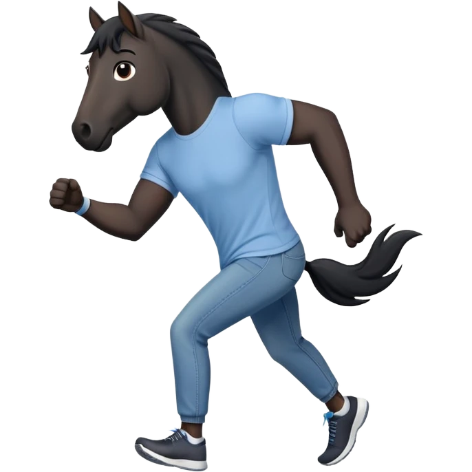 friendly anthropomorphised black stallion in jeans and a t-shirt, jogging upright in standard pose emoji