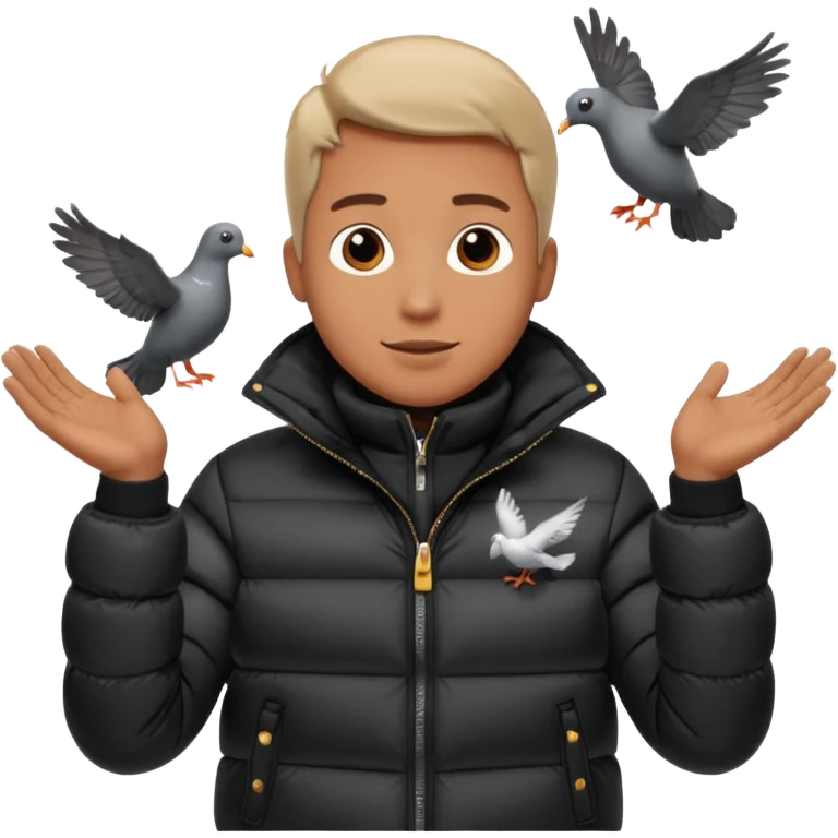 puffer shiny black jacket man open arms looking at a flying pigeon emoji