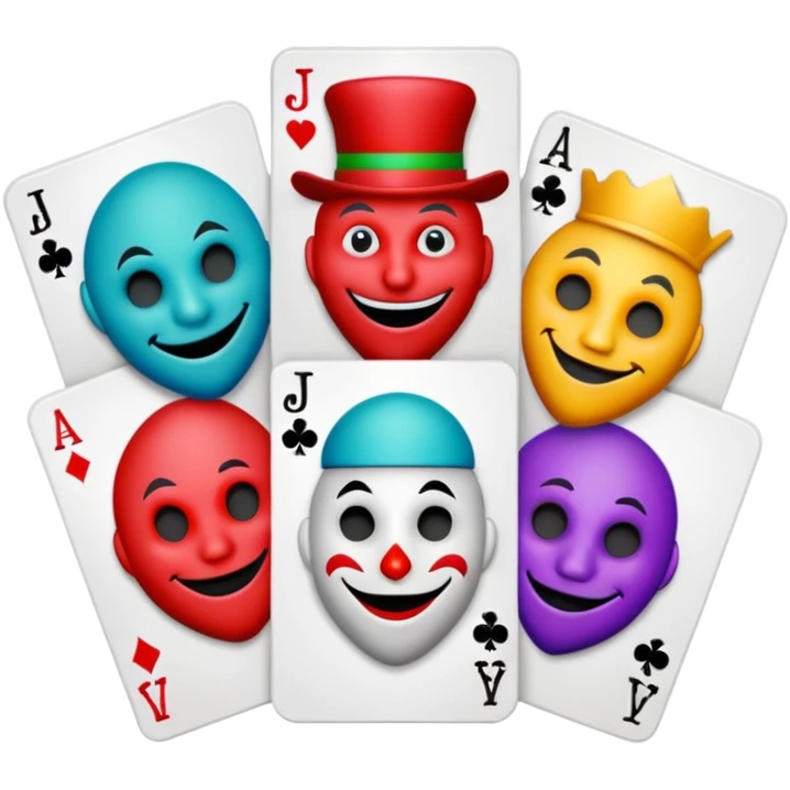 bunch of 3 poker cards, with crazy colorful human jolly jokers inside, inversed face emoji