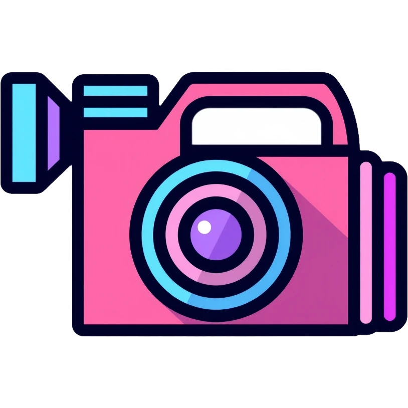 videographer's camera in pink and light blue colors, with neon glow lines, blue neon light on top left, purple neon light on bottom right emoji